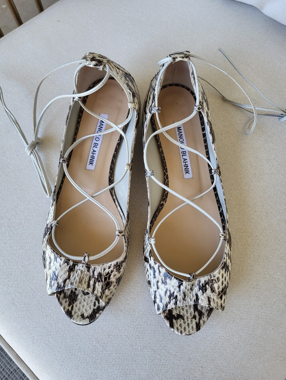 Manolo Blahnik Aneska Snakeskin Lace-Up Open-Toe Flats Size 37.5